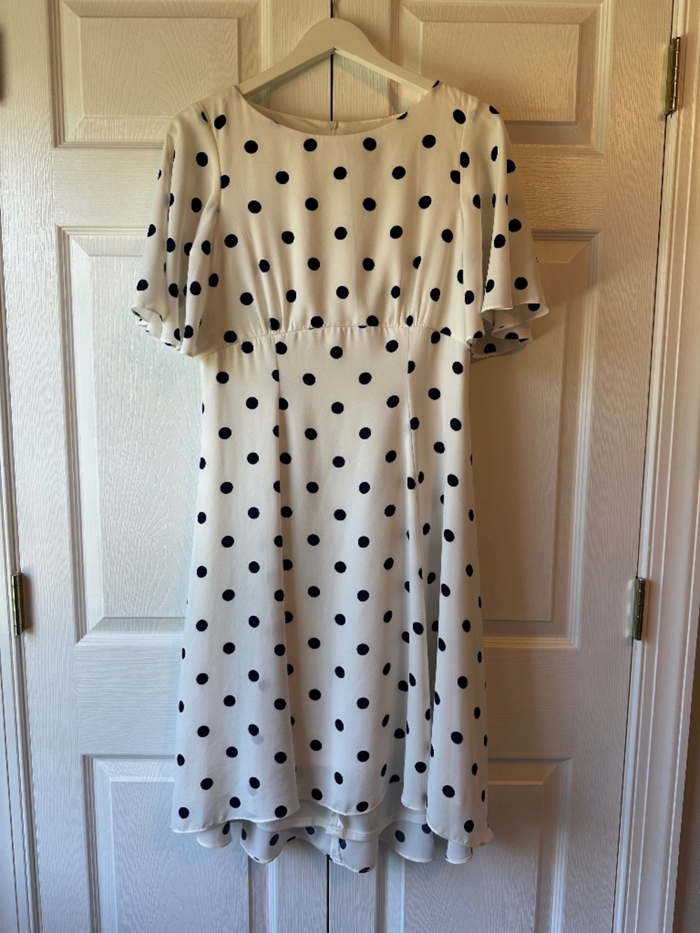 Gabby Skye White Navy Polka Dot Flutter Sleeve Midi Dress 8